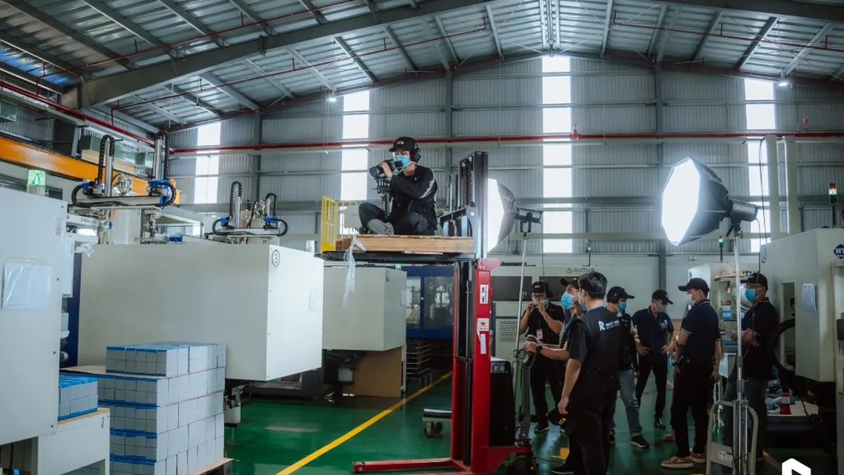 Setting up lights and cameras at the LCB Battery production area.