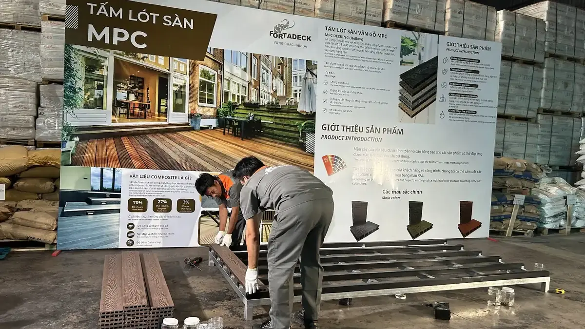 Ghi hình lắp đặt tấm sàn MPC tại khu trưng bày FORTADECK