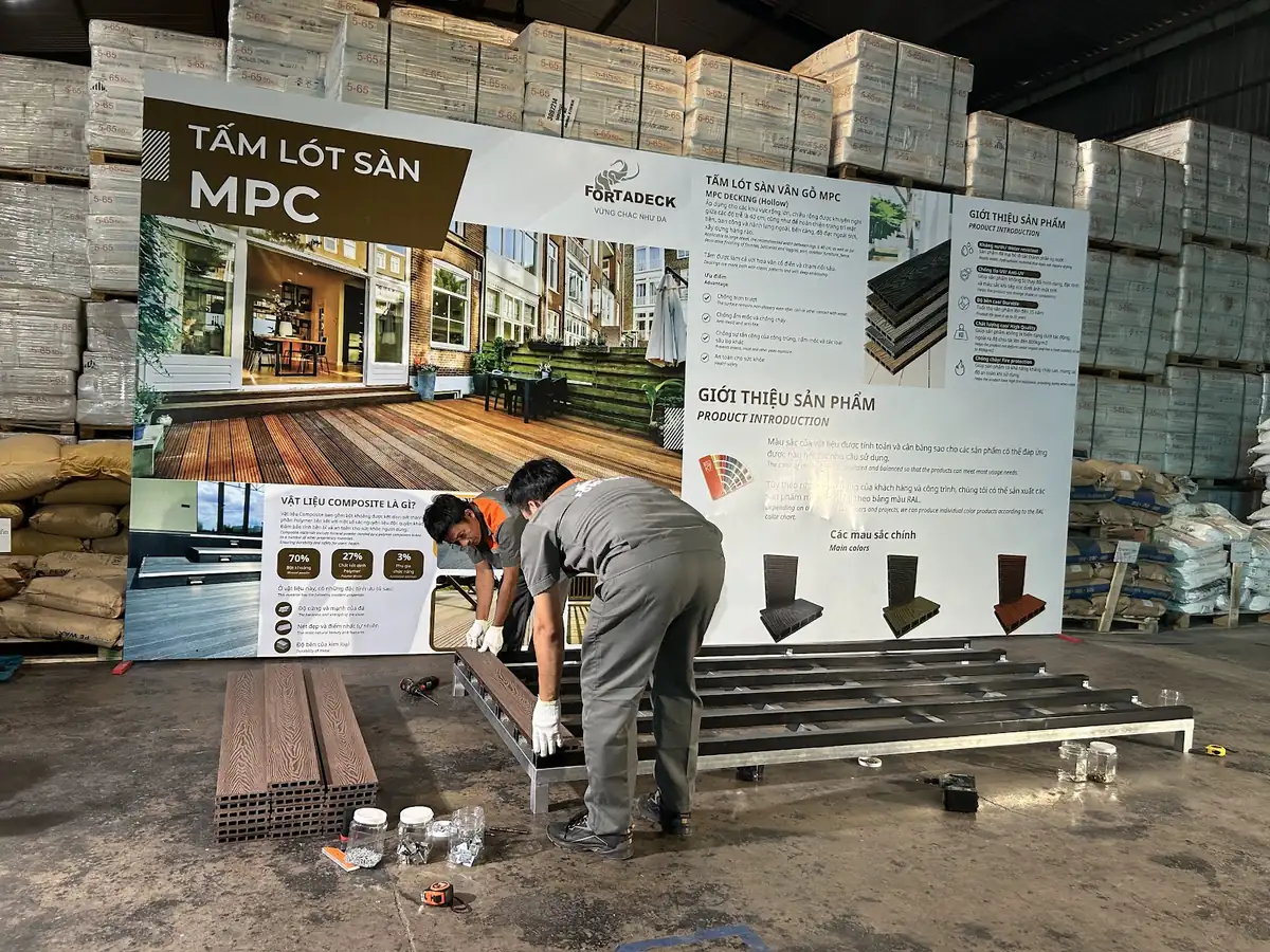 Filming the installation process of MPC flooring panels at the FORTADECK exhibition area.