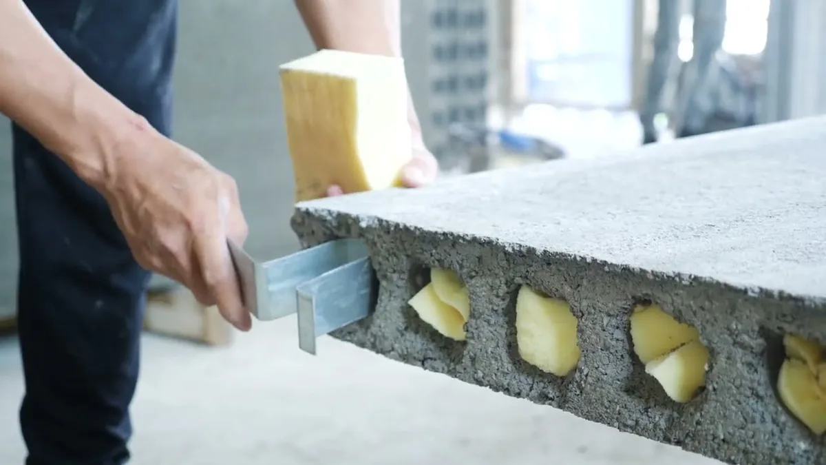 A close-up view of the hollow core of the Acotec precast concrete wall panel.