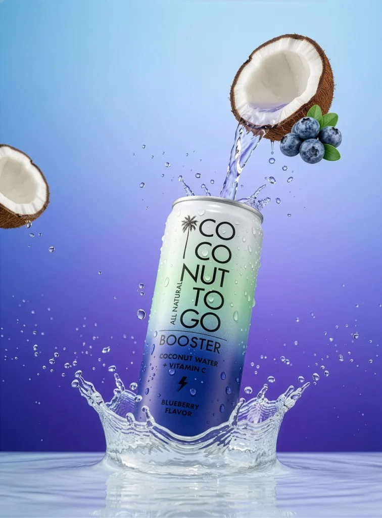 Lon Coconuttogo bắn nước trên nền xanh tím