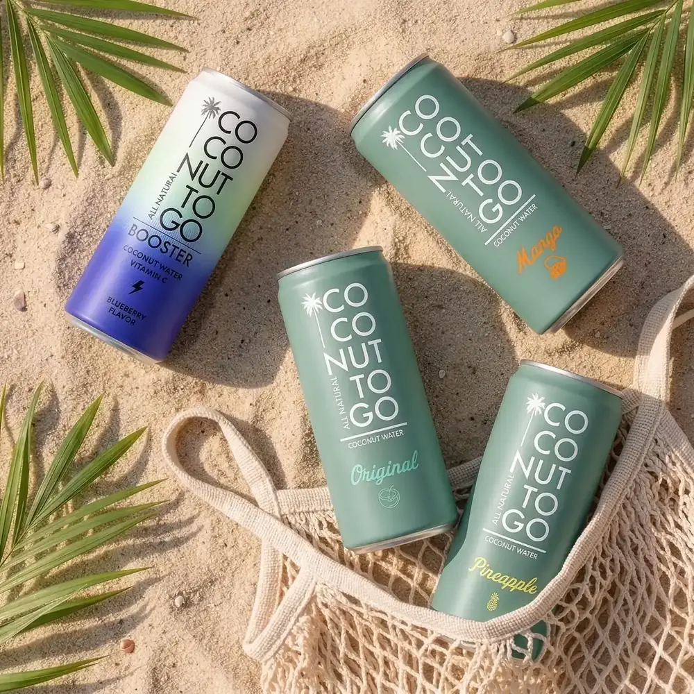 Ba lon Coconuttogo trên bãi cát cùng lá dừa