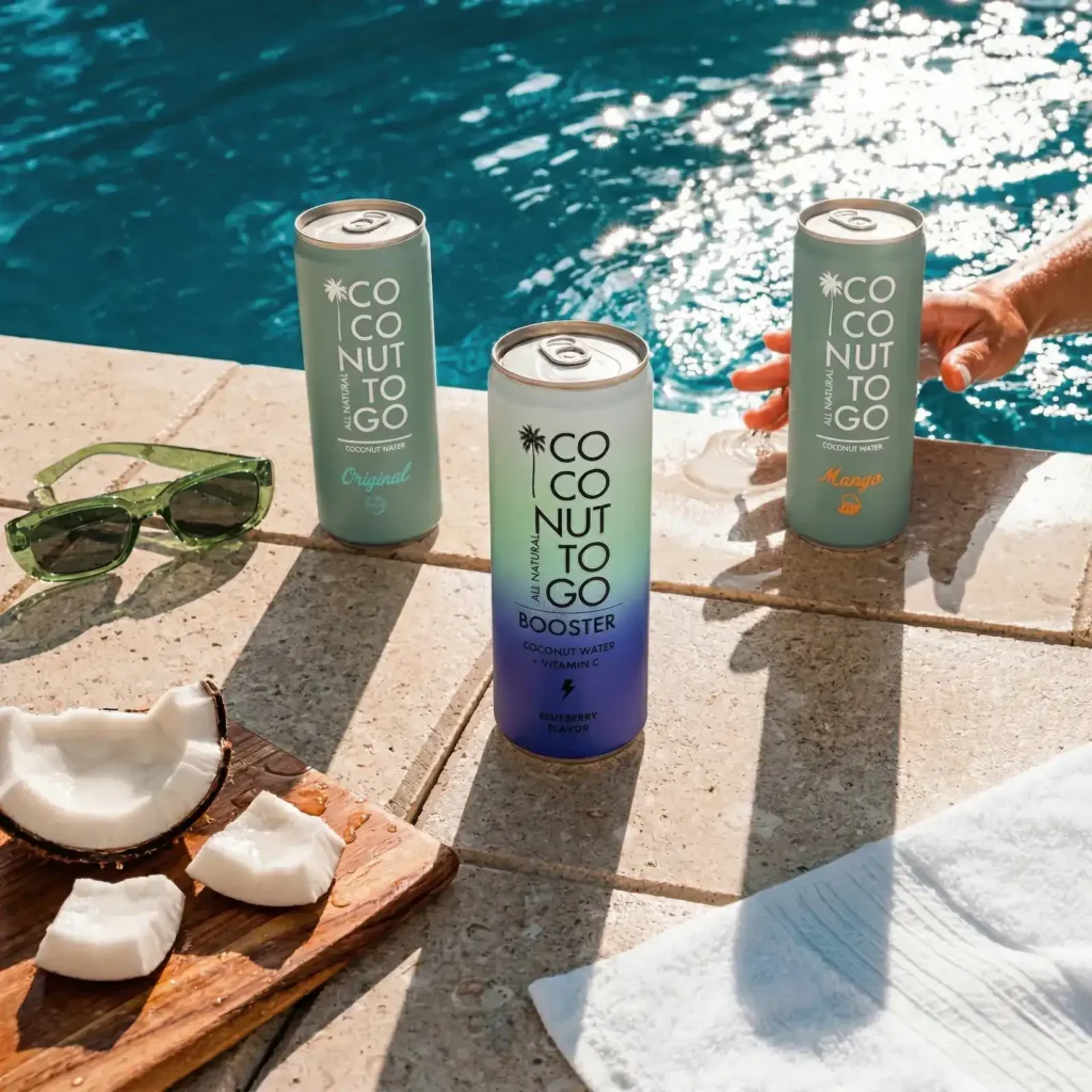 Lon Coconuttogo và dừa tươi bên bể bơi