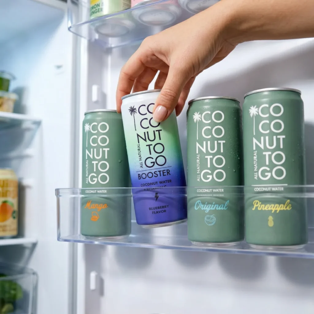 Tay lấy lon Coconuttogo trong tủ lạnh, phiên bản nền AI
