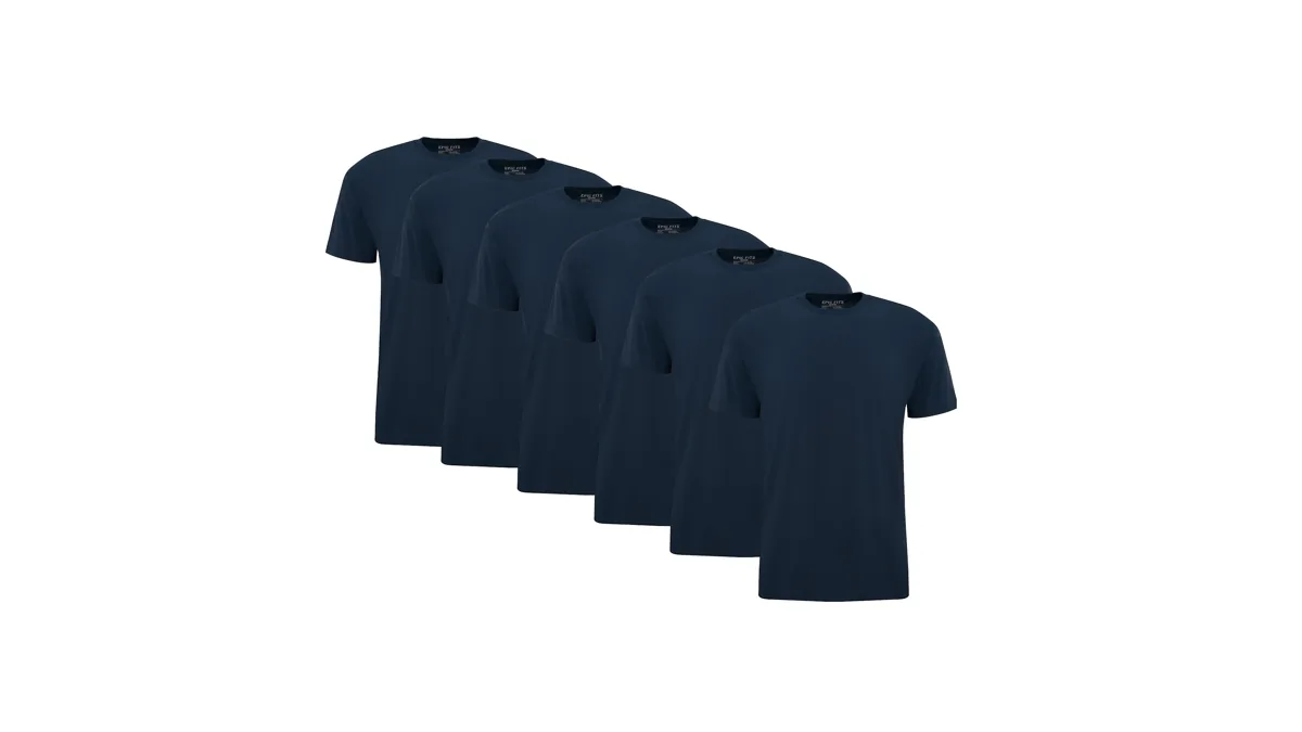 Chụp ảnh sản phẩm thời trang Epic Fits: sáu áo thun xanh navy cùng nền trắng