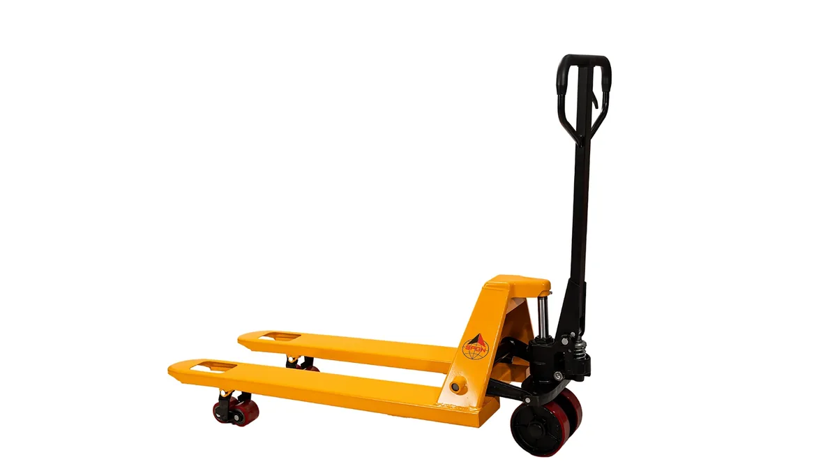 Xe nâng tay SPON thân vàng, bánh đỏ trên nền trắng