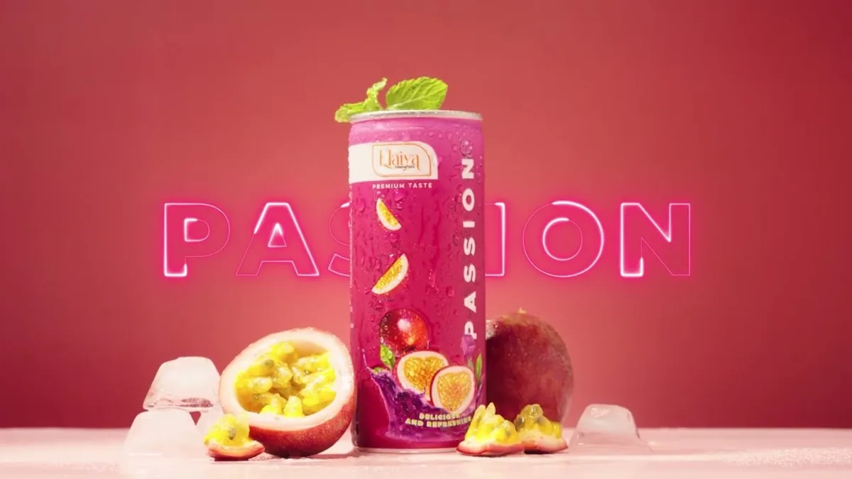 Lon Elaiya vị chanh dây trên nền đỏ với chữ neon Passion